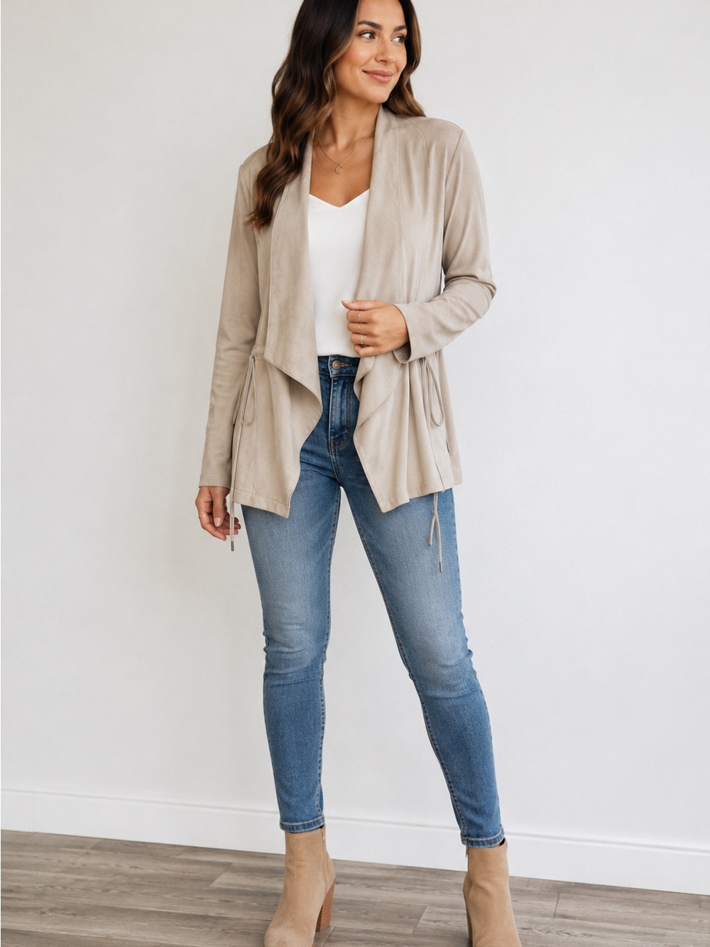 Thread & Supply Neutral Taupe Draped Open-Front Jacket